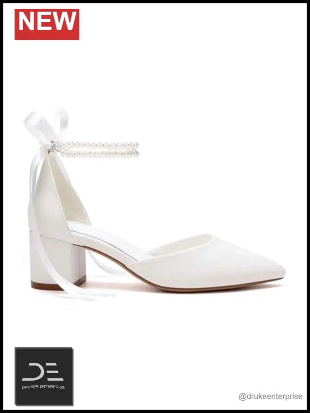 Ivory Faux Leather Pointed Toe Block Heel Pumps with Pearls